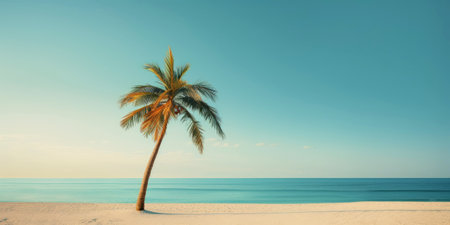 Palm on a sunny tropical sea shore under turquoise sky. Vacation concept. Generative AI.の素材