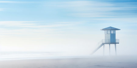 Lifeguard Tower in a white mist on a beach of seaside. Lonely landscape with watchtower. Generative AI.の素材