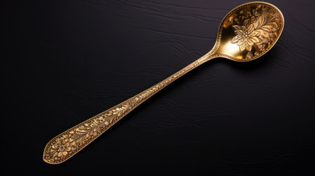 Vintage gold spoon with engraved floral pattern on a dark background. View from above. Generative AI.の素材