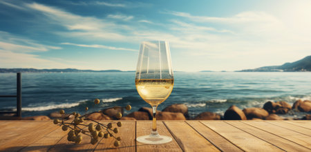 Close-up of a glass of white wine against of sea backdrop. Romantic trip concept. Generative AI.の素材