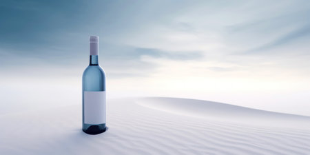 Wine bottle in a white desert sand. White mist around. Serene landscape. Generative AI.の素材