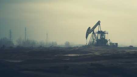 Oil drill industrial heavy polluted landscape. Ecology concept. Generative AI.の素材