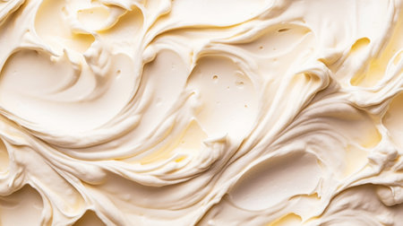 Close-up of vanilla ice cream texture. Top view of frozen white-yellow gelato surface. Food background. Generative AI.の素材