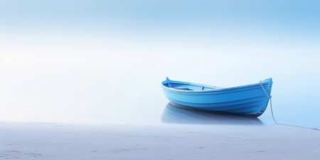 Orange boat in a calm sea waters near a beachline. Calm, tranquil landscape. Generative AI.の素材