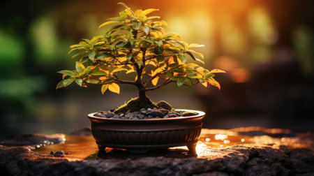 Small bonsai tree in a dark pot on green natural background with sun shine. Generative AI.の素材