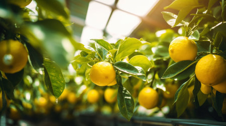 Ripe yellow lemons growing on tree in greenhouse. Generative AI.の素材