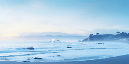 Serene ocean coastline with white mist. Tranquil landscape. Generative AI.の素材