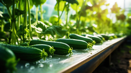 Ripe Zucchini plants growing in greenhouse. Organic agriculture. Generative AI.の素材