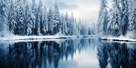 Rows of pines in snow on the lake edge. Serene winter landscape. Generative AI.