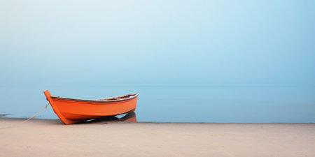 Orange boat in a calm sea waters near a beachline. Calm, tranquil landscape. Generative AI.の素材