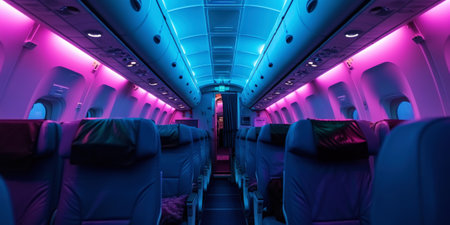 Interior empty cabin of a passenger civil aircraft, illuminated at night. Generative AI.の素材