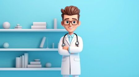 3D cartoon male doctor in a medical gown with a stethoscope. Pastel colour palette. Generative AI.の素材