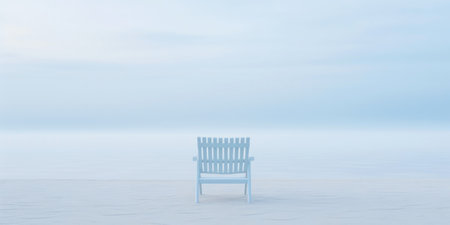 Lonely chair on white sand of tranquil beach of sea covered with mist. Generative AI.の素材