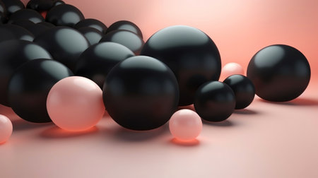 3D black and pink spheres of different sizes and transparency. Pastel colour palette. Abstract background. Generative AI.の素材