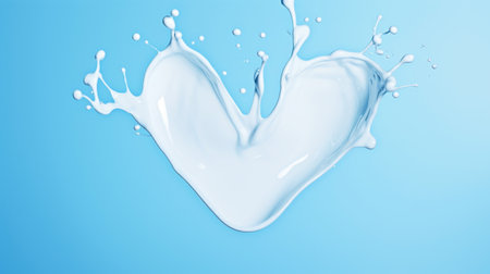 White heart made of cream and water splashes on a light blue background. Cosmetic love concept. Generative AI.の素材