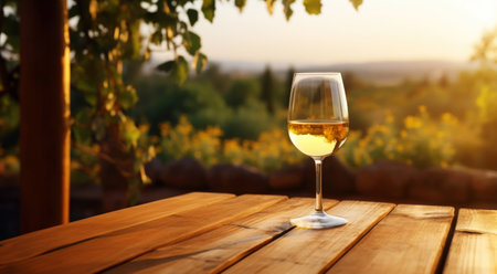 Elegant glass of white wine on blurres background with wine grapes in winery. Young wine. Generative AI.の素材