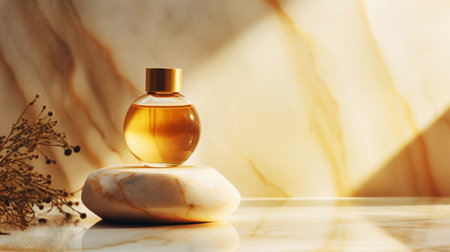 SPA essential oil on aesthetic background with stones and flowers. Natural cosmetics skin care concept. Generative AI.の素材