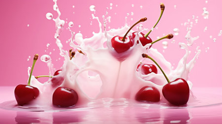 Milk splash with cherries. Sweet dessert cream. Milkshake concept. Generative AI.の素材