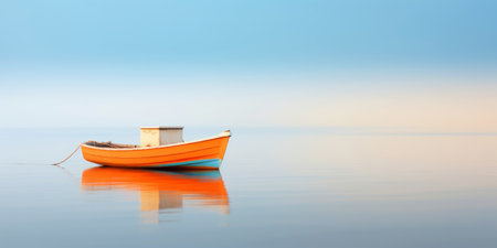 Orange boat in a calm sea waters near a beachline. Calm, tranquil landscape. Generative AI.の素材