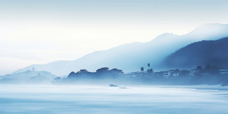 Serene ocean coastline with white mist. Tranquil landscape. Generative AI.の素材