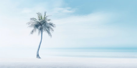 One lonely palm tree on a white beach. Calm sae with mist. Tranquil seashore landcsape. Generative AI.の素材