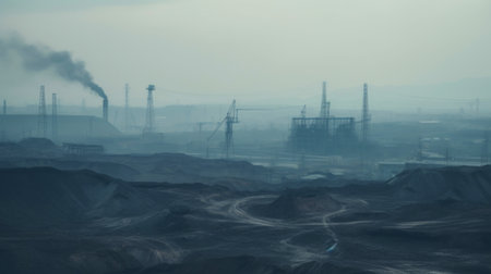 Coal mining industrial landscape. Heavy pollution, smoke, dust, ruined ecosystem. Generative AI.の素材