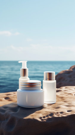Cosmetic bottles on the stone with a blurred sea backdrop.Natural organic cosmetic mock up. Generative AIの素材