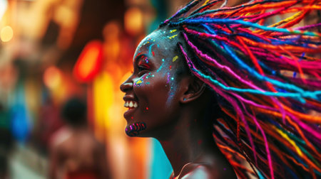 Energetic cool African woman with colorful dreadlocks dancing on the street. Holi Diwali celebration. Generative AI.の素材