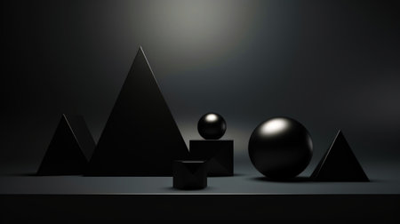 3d smooth different matte shapes. Abstract geometric background with black color palette. Generative AI.の素材