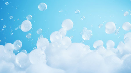 Detergent foam bubble on blue background. Soap, shower gel, shampoo foam texture. Copy space. Generative AI.の素材