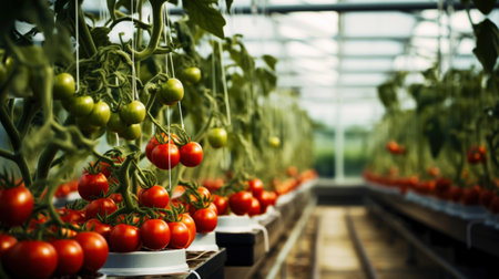 Ripe red tomatoes cluster in greenhouse. Vegetable on organic farm concept. Generative AI.の素材