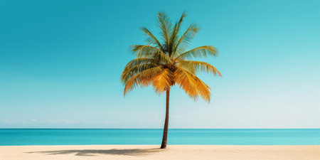 Palm on a sunny tropical sea shore under turquoise sky. Vacation concept. Generative AI.の素材