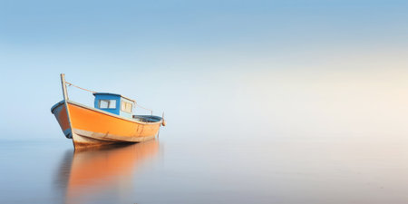 Orange boat in a calm sea waters near a beachline. Calm, tranquil landscape. Generative AI.の素材