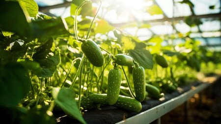 Ripe Zucchini plants growing in greenhouse. Organic agriculture. Generative AI.の素材