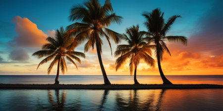 Beautiful sunset at a beach resort in the tropics. Palm trees and ocean coast. Generative AI.の素材