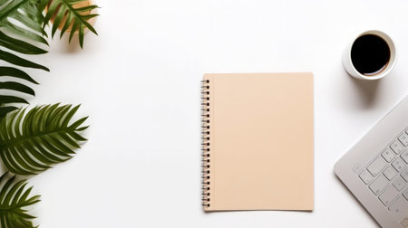 Top view of work desk with notepad, office supplies, flowers and creative clutter. Light background. Generative AI.の素材