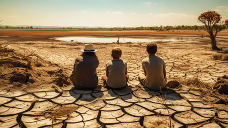 Family sits on cracked ground near a dry river. Drought concept. Water crisis and arid environment. Generative AI.の素材