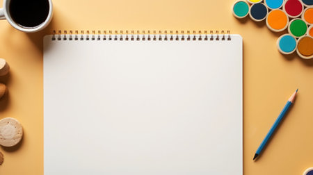 Top view of work desk with notepad, office supplies creative clutter. Yellow background. Generative AI.の素材