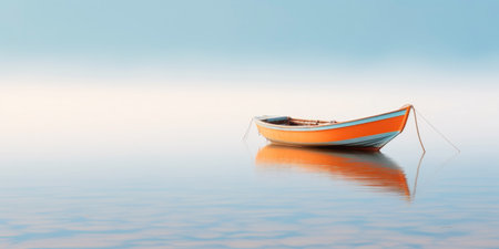 Orange boat in a calm sea waters near a beachline. Calm, tranquil landscape. Generative AI.の素材