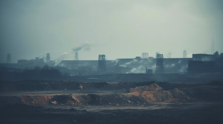 Coal mining industrial landscape. Heavy pollution, smoke, dust, ruined ecosystem. Generative AI.の素材