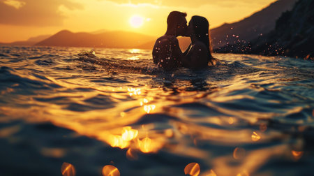 Silhouette of couple kissing in the sea. Sunset. Honeymoon romantic concept. Love story. Generative AI.の素材