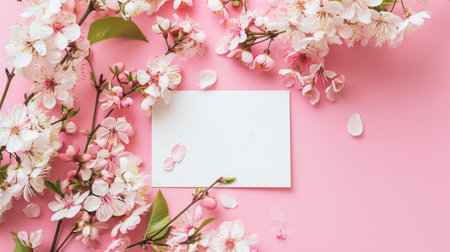 Blank paper card mock-up with Sakura blossoms on pink background. Luxury greeting card design concept. Generative AI.の素材