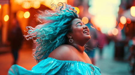 Beautiful happy plus size girl dancing on the street with colorful bright flying hair. Body love concept. Generative AI.の素材