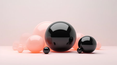3D black and pink spheres of different sizes and transparency. Pastel color palette. Abstract background. Generative AI.の素材