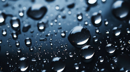 Closeup of water drops sliding on wet surface. Dark black background. Generative AI.の素材