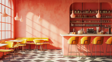 Aesthetic minimalist cafe interior with cozy armchairs. Peach fuzz color palette. Generative AI.の素材