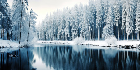 Rows of pines in snow on the lake edge. Serene winter landscape. Generative AI.の素材
