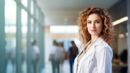 Beautiful female healthcare worker. Doctor or nurse in white coat. Medical concept. Generative AI.の素材