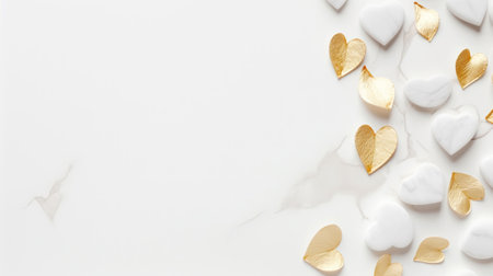 Aesthetic white and gold hearts on light background. Minimalist love concept. Copy space. Generative AI.の素材