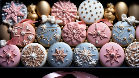 Delicious stylish Christmas cookies with festive glazed decoration in the gift box. Generative AI.の素材